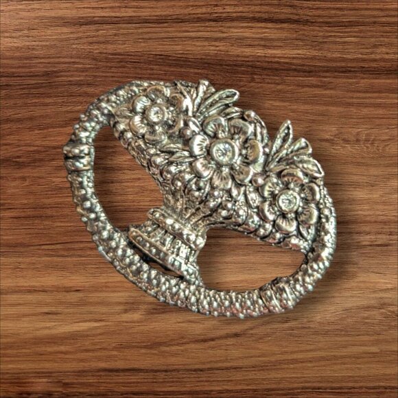 Vintage Floral Basket Brooch Pin Silver Tone Metal Oval Design Womens Jewelry Ac - Picture 2 of 5